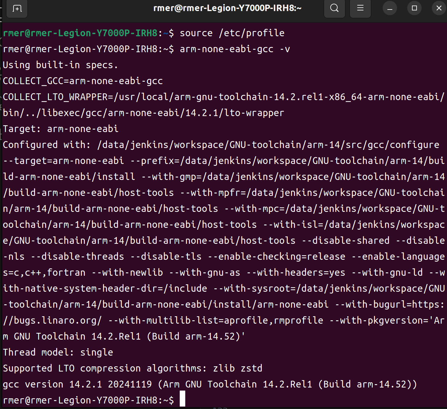 arm-none-eabi-gcc -v